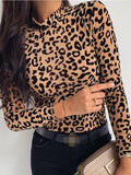 Hudson Yards Leopard Print Turtle Neck Blouse Autumn Long Sleeve Tops