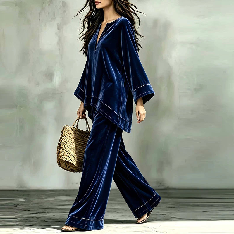 Flor Velvet V-neck Long Sleeved Two Piece Sets