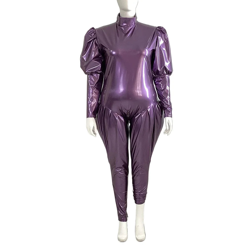 Sleeves Jumpsuit Sexy Zipper Open Crotch Catsuit Party High Neck Wetlook Rompers Female