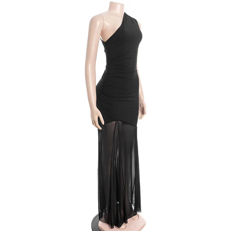 Off Shoulder See Through Dress Solid High Waist Patchwork Backless Slim Long Dress