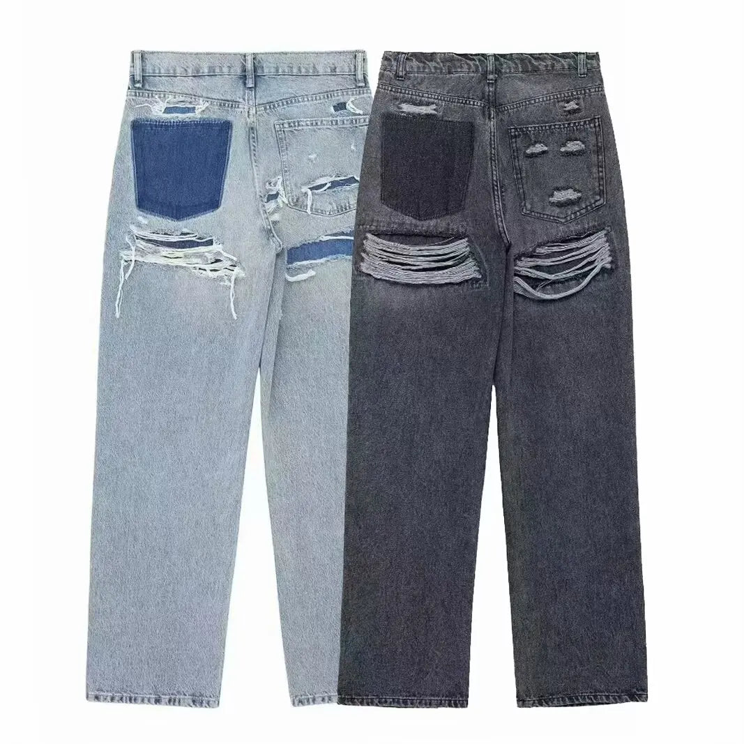 Jeans For Women 2024 Denim Solid Loose Zipper Fly Female Hole Trouser