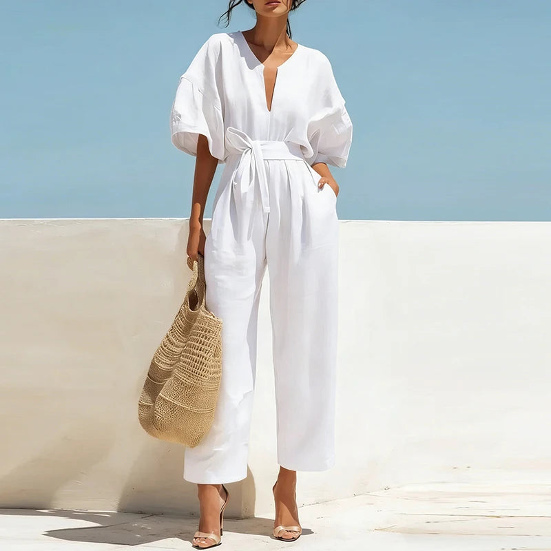 Summer Elegant Jumpsuit V Neck Lace Up High Waist Half Sleeve Long Pants Jumpsuits For Women Casual Loose Romper Playsuits