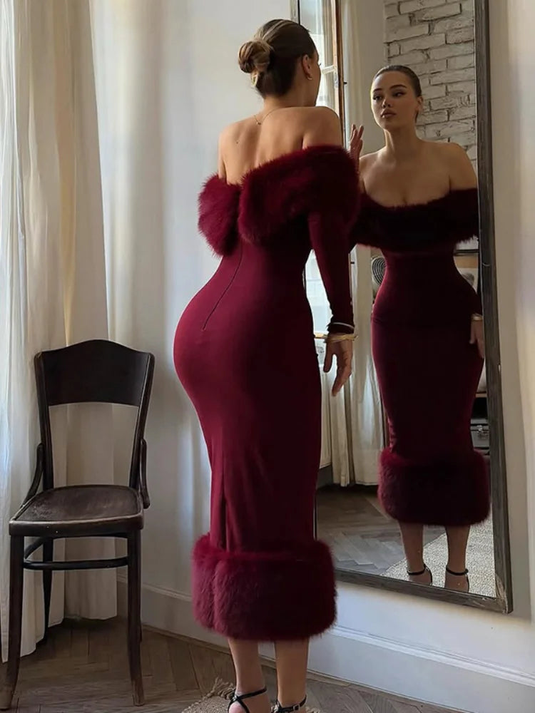 La Zurza Strapless Faux Fur Patchwork Sexy Off Shoulder Full Sleeve Cinched-waist Bodycon Dress