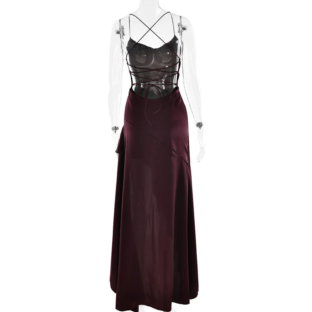 Stony Point Satin Long Dr with High Slit And Lace Trim Charming Dress