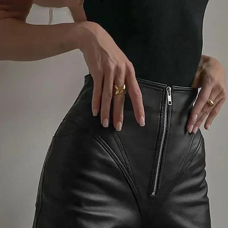 Flanders High Waist Front Zip PU Pants Stretch Matte Leather Trousers