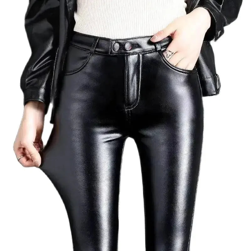 Green Pond PU Leather Leggings Pencil Pants with Thermal Lining Female High-Waisted Stretchy