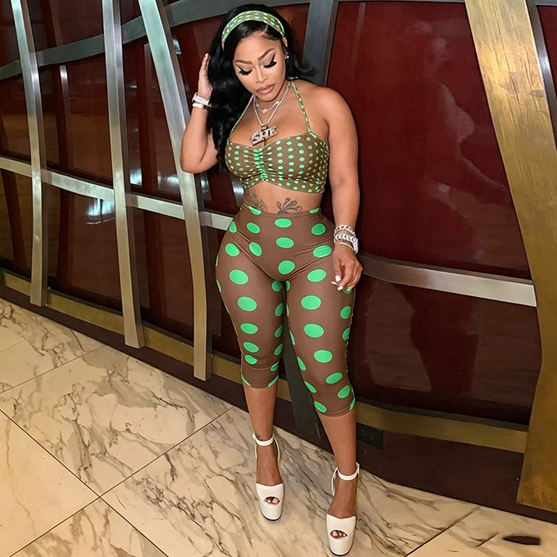 Nikki Polka Print Neck Strap Tight Fitting Three Piece Sets