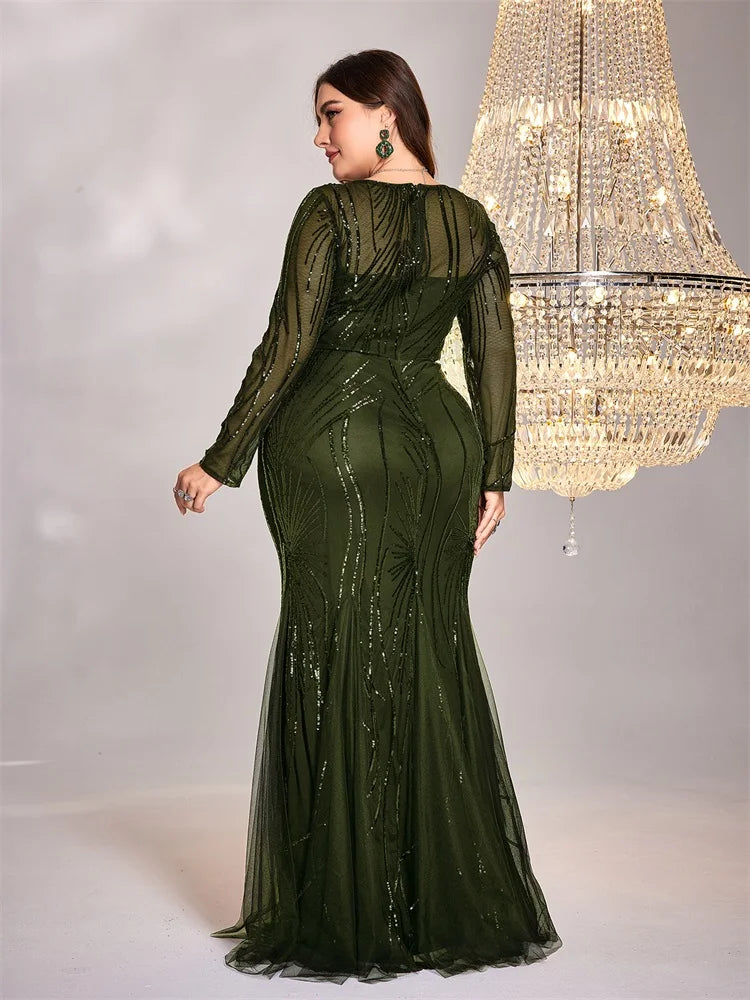 Nigeria Plus Size Elegant Green Long Sleeves Sequin Tulle Evening O Neck Mermaid Dress