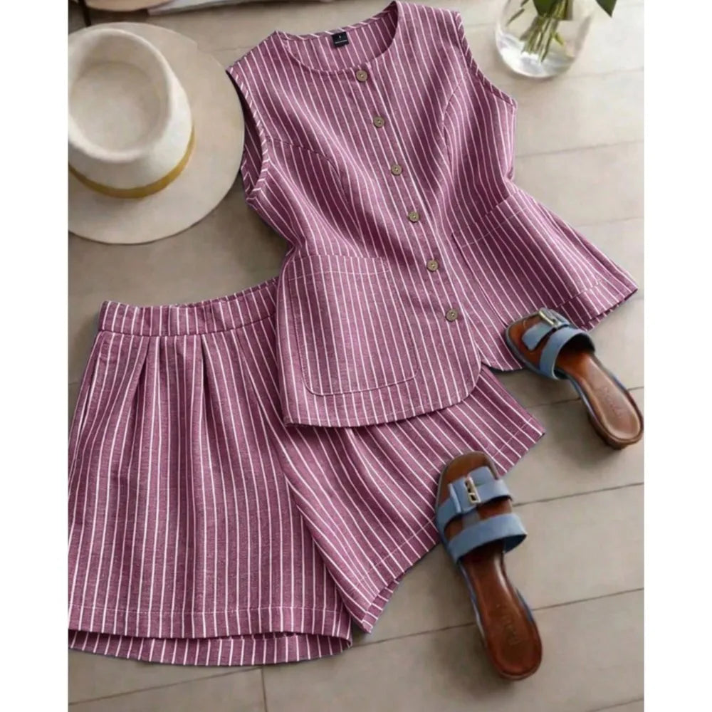 Yudy Summer New Striped Sleeveless Two Piece Sets