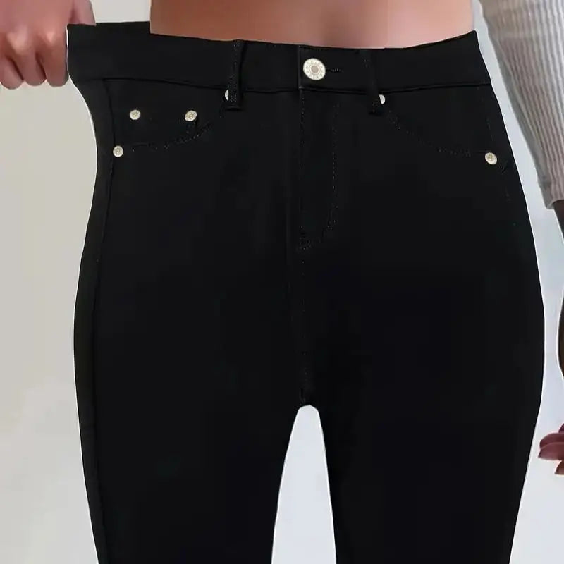 Women Jeans Plus Size High WaistedBlack Slim Fit with Button Detail Jeans