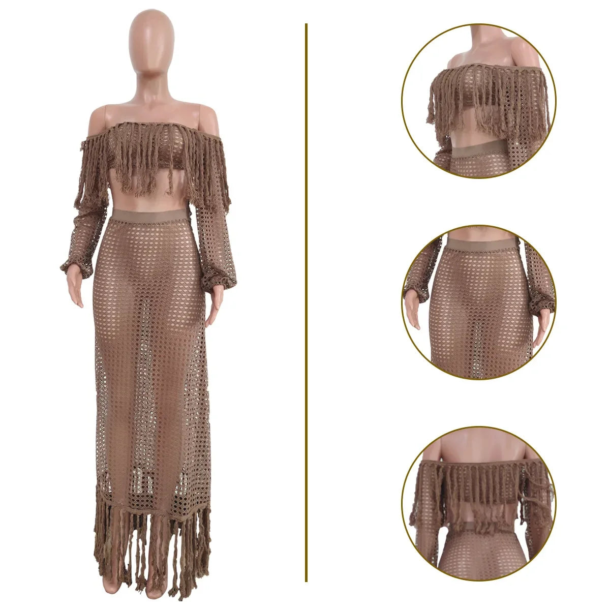 Off Shoulder Tassel Hollow Out Beach Set