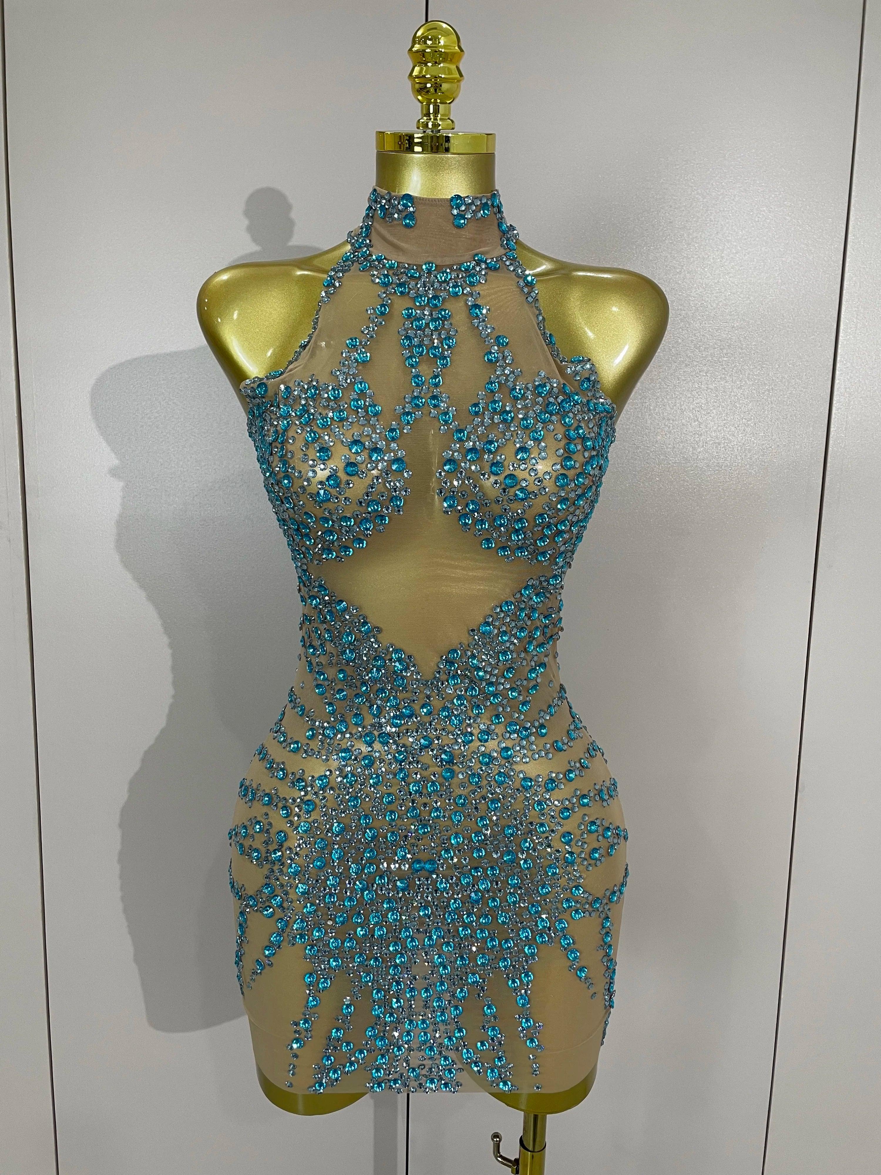 Elmira Rhinestones Sexy Mesh See Through Dress Party Evening Dress