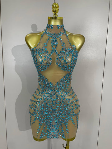 Elmira Rhinestones Sexy Mesh See Through Dress Party Evening Dress