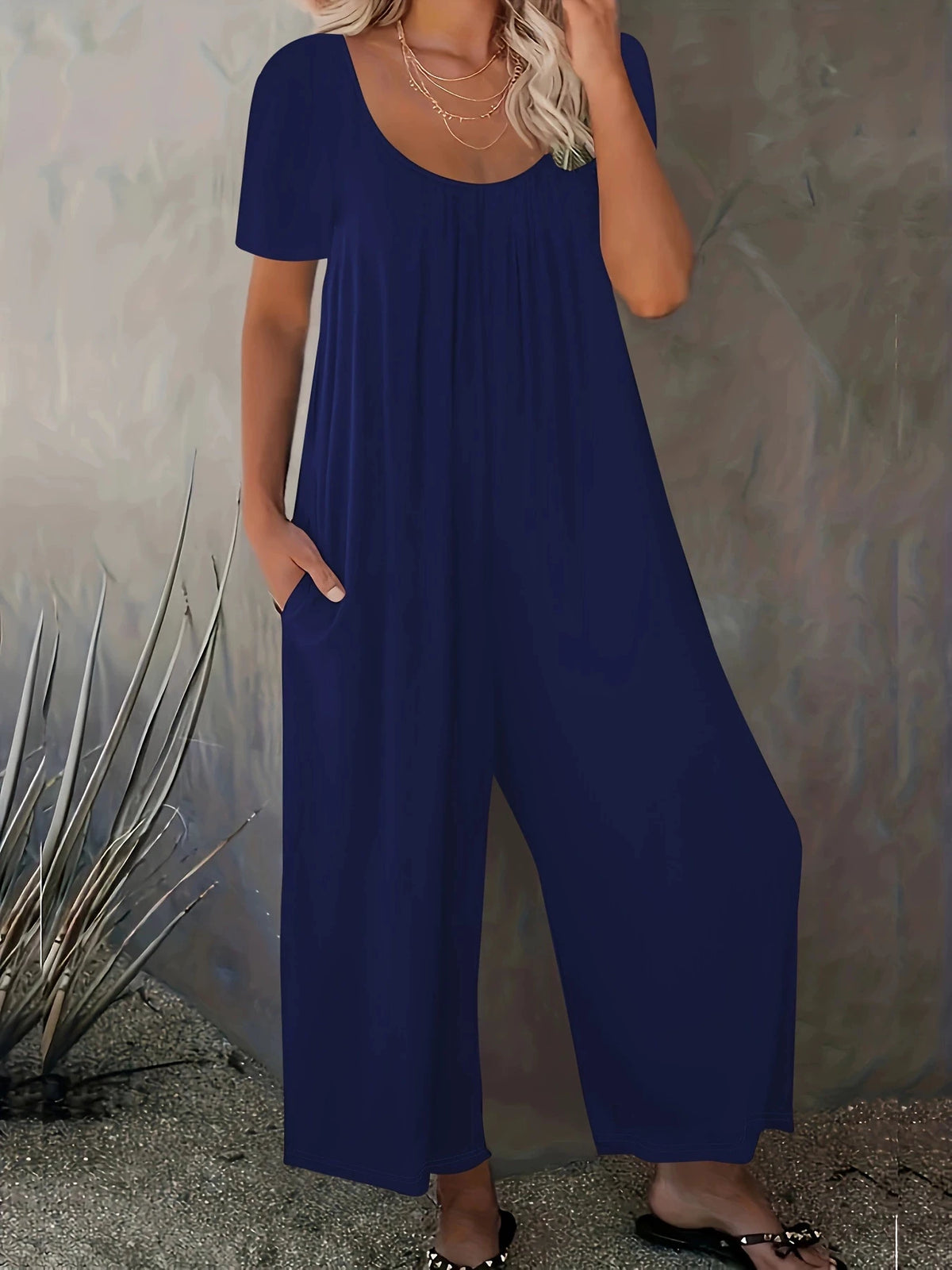 Plus Size Summer Women's Solid Color Jumpsuit with Pockets Casual Fashion