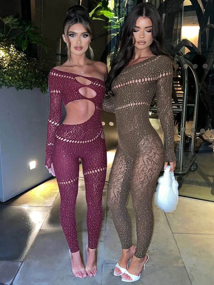 Rye Off Shoulder Long Sleeve Rhinestones High Stretch Hollow Out Sexy Jumpsuits