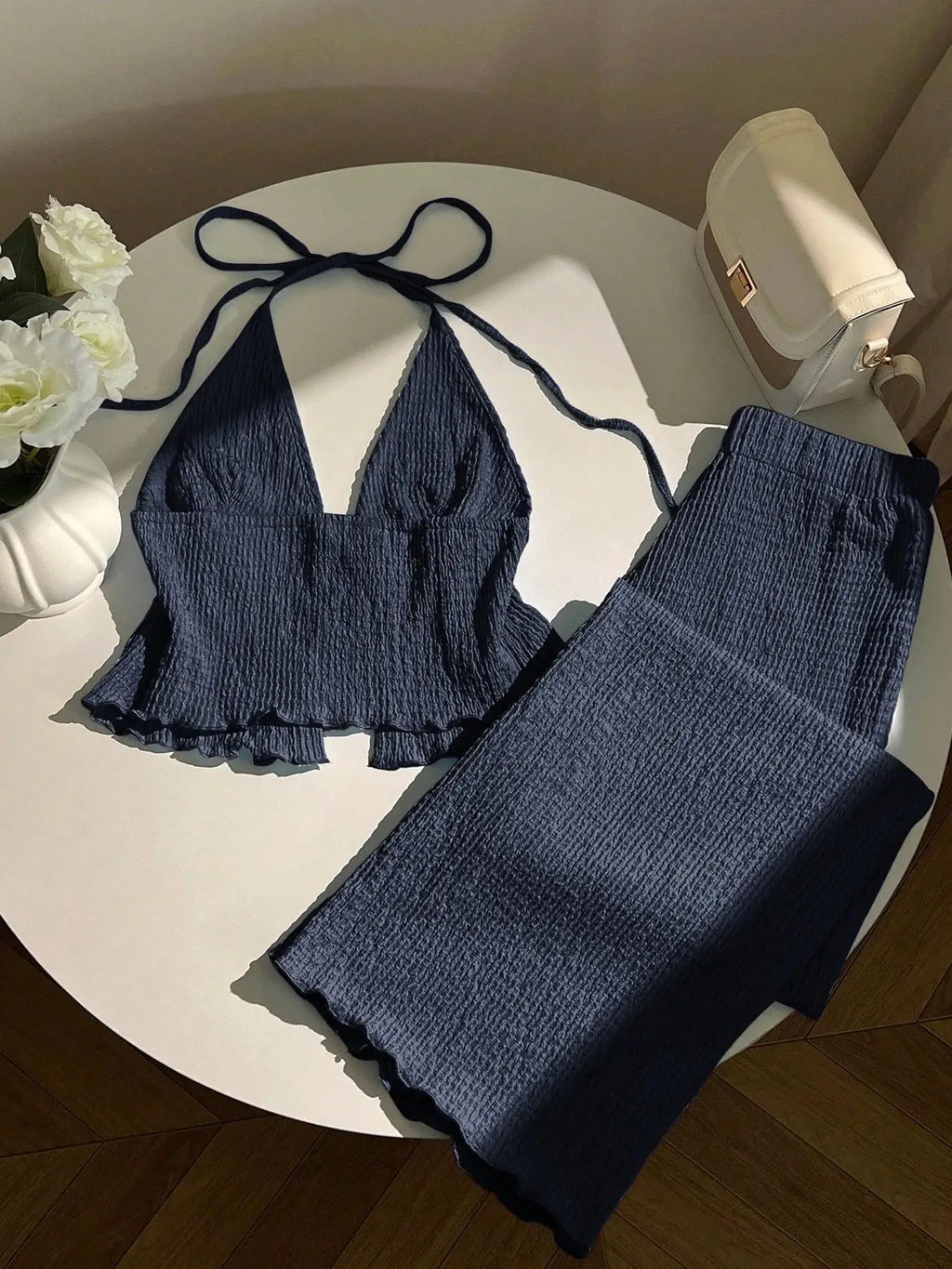 Rita Textured Neckline Deep V-Neck Two Piece Sets