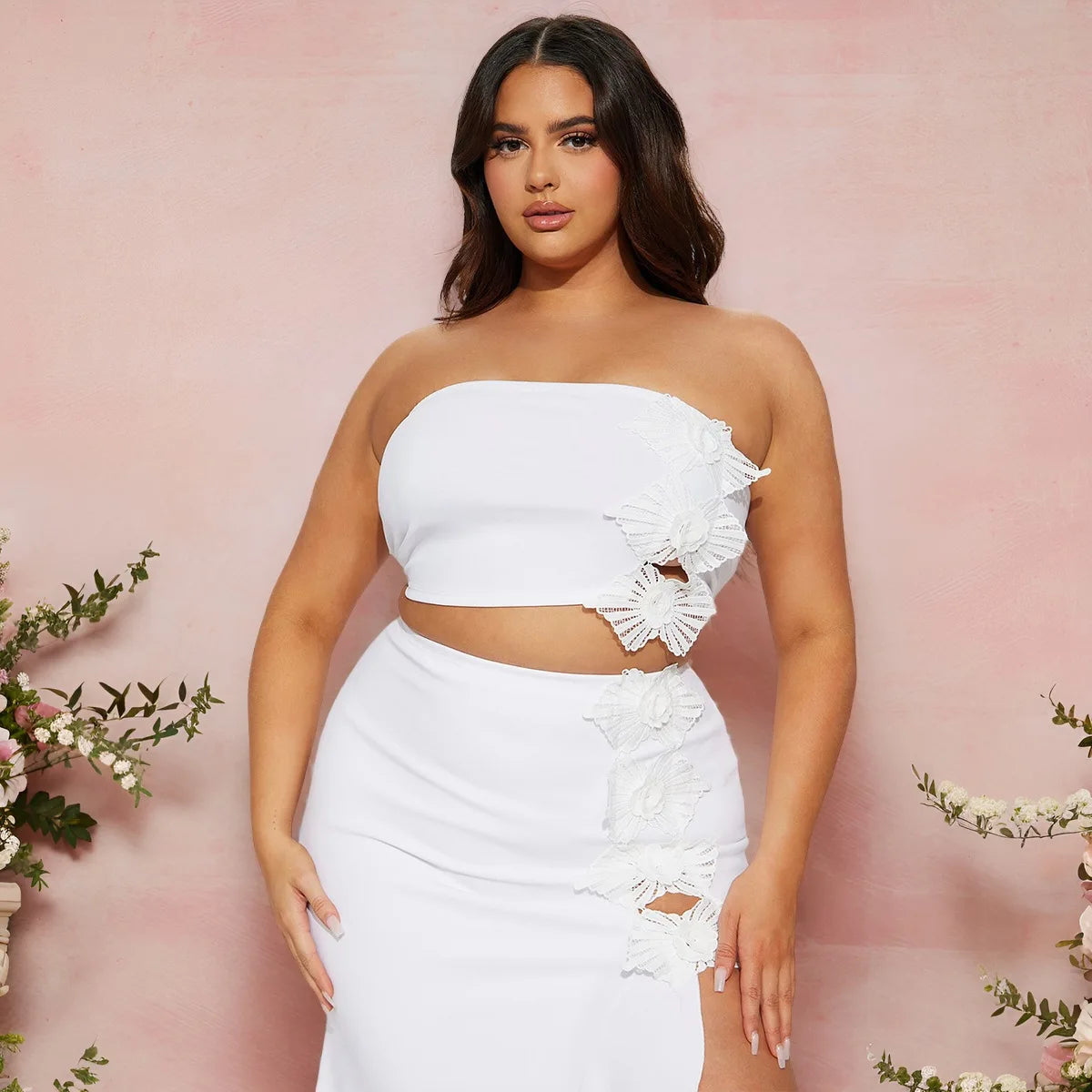 Manchester Strapless Crop and Ruffles Split Midi Maxi Long Two Piece Set