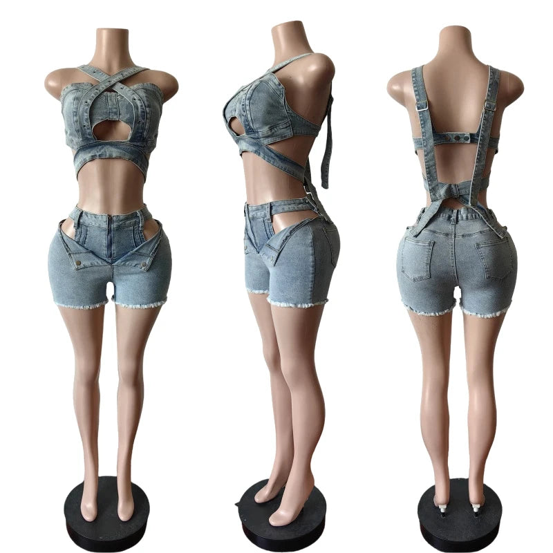 Temblant Straps Crop Cut Out Clothes Streetwear Two Piece Club Outfits Set