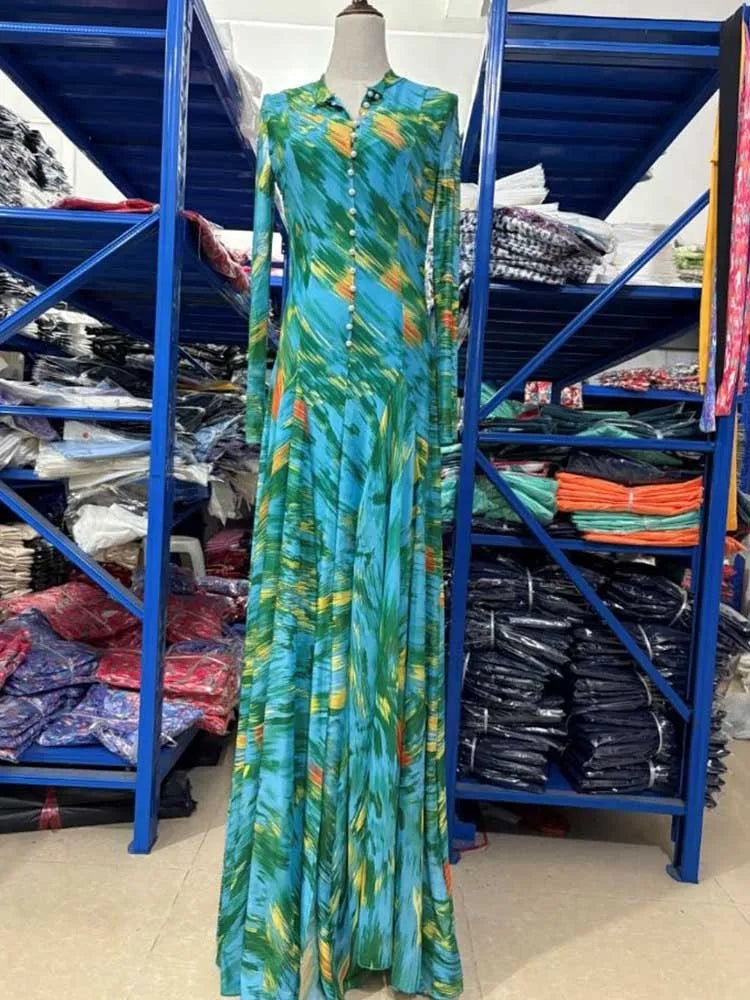 Curvy Women Round Neck Waist Slimming Floral Print Elegant Green Party Dress