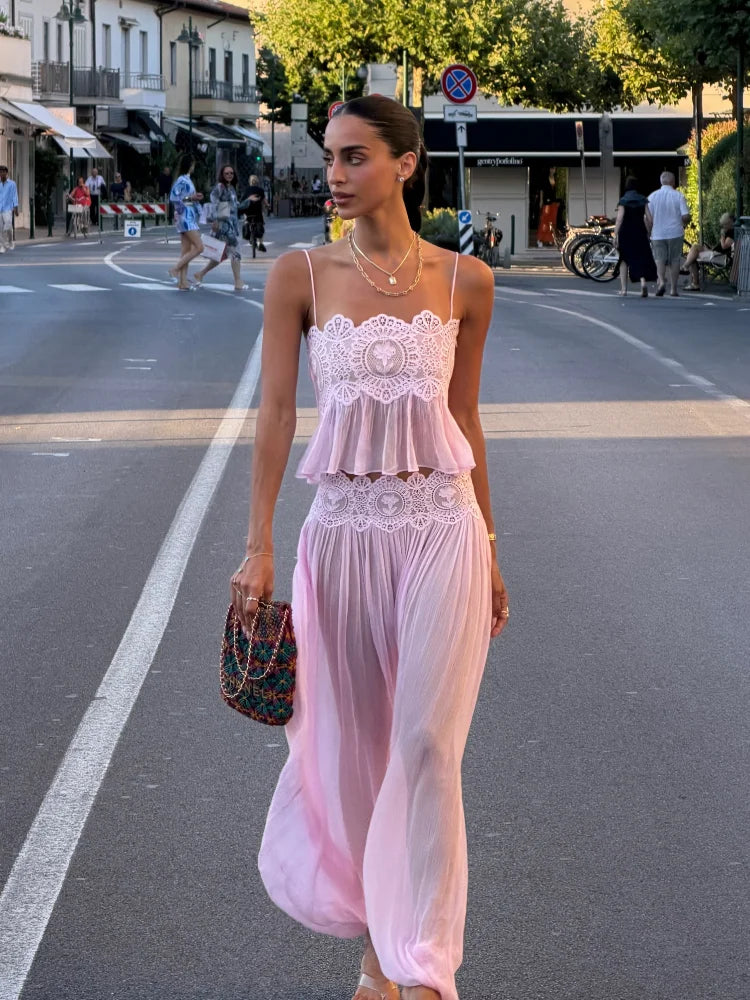 Fior Elegant Lace Square Neck Sheer Two Piece Sets