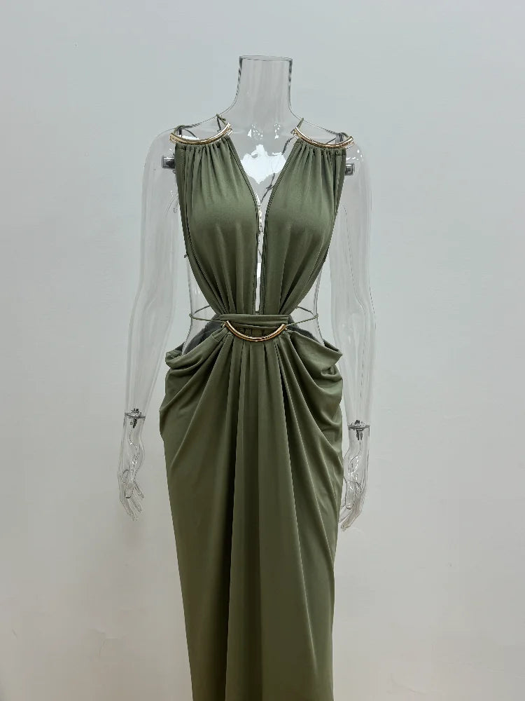 Solid Color Spaghetti Strap Sleeveless Sexy Deep V Cutout Waist Ruched Maxi Gown Dress