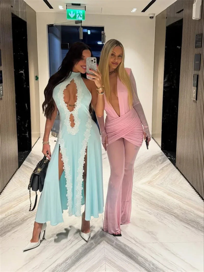 Milford Deep V Neck Long Sleeve Sexy Patchwork See Through Ruched Jumpsuits