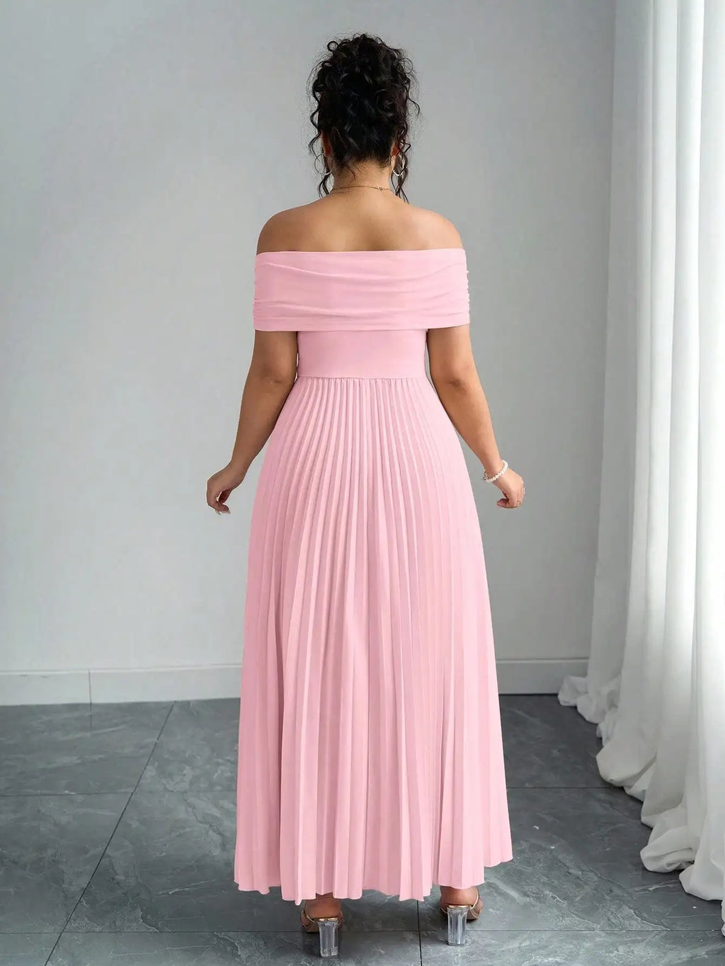 Candem Off Shoulder Pleated Soft Pink Crossover Neckline Maxi Dress