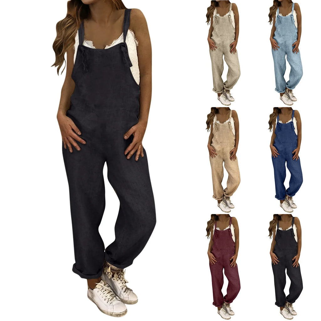 Women Plus Size Overalls Jumpsuits Casual Solid Loose Dungarees Retro Fashion