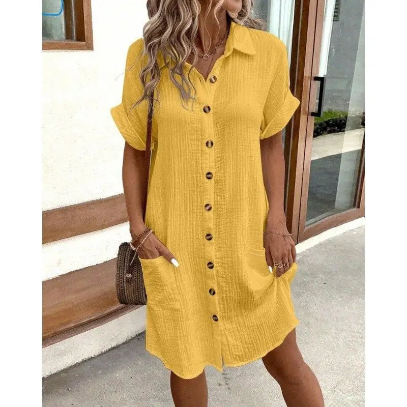 John Beach Solid Fashion V-neck Three Quater Sleeve Cotton Linen Dress