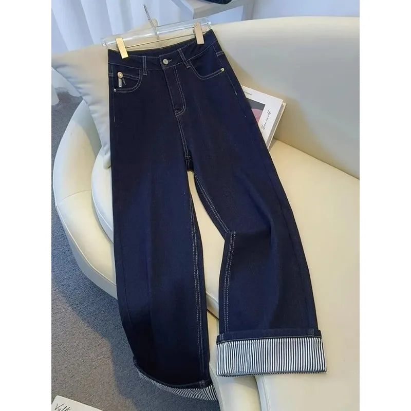 Women's Denim Jeans - Straight Leg with Striped Cuff Detail Classic Five-Pocket Design