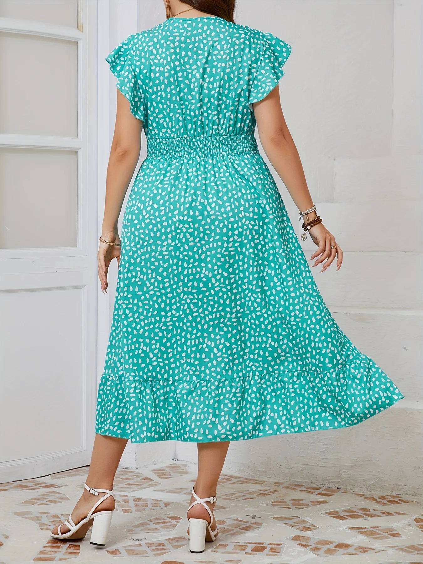 Brunnel Plus Size Teal Polka Dot V Neck Flutter Sleeve Smocked Waist Ruffle Hem Midi Dress