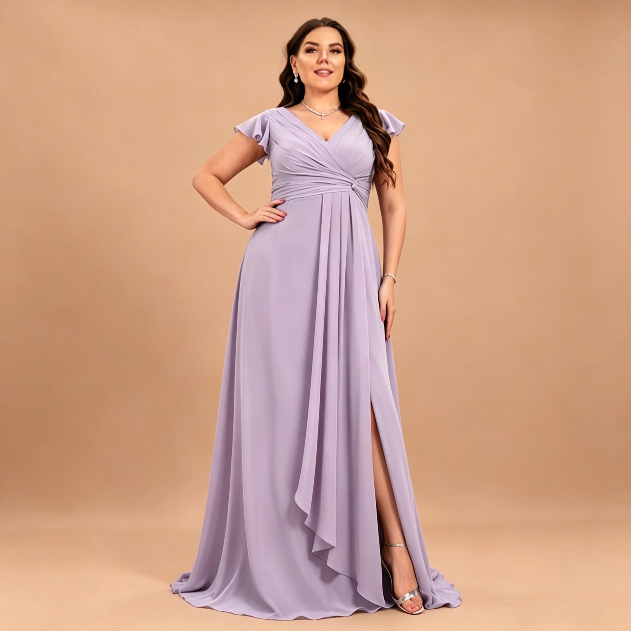 Long Island Plus Size Chiffon Evening Elegant V-Neck Ruffle Sleeve Formal Dress