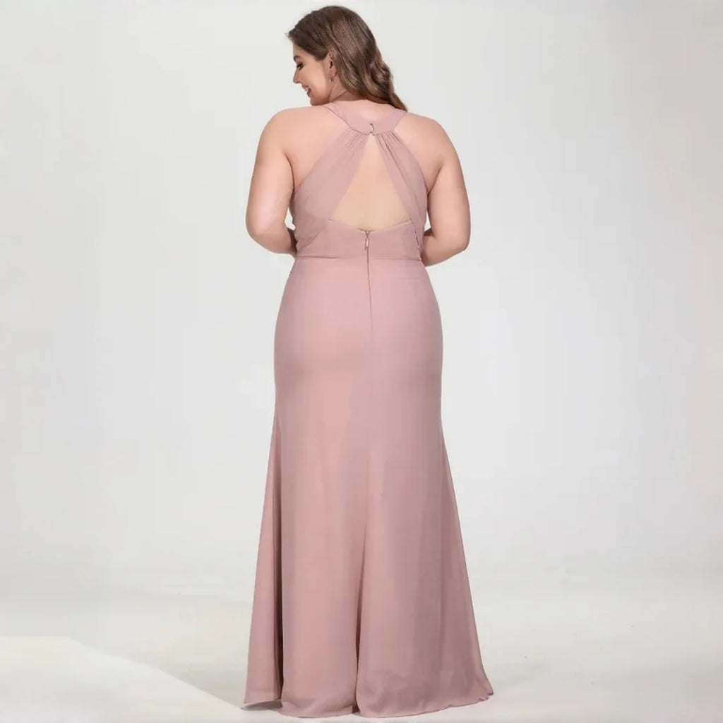 La Cuaba Dusty Pink Plus Size Chiffon Bridesmaid Sleeveless Deep V Neck Side Ruched Dress