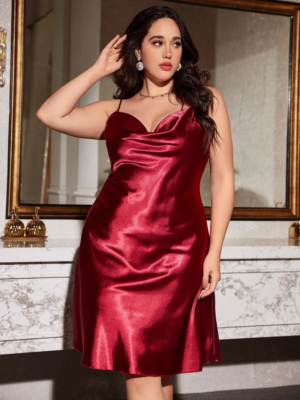 British Plus Size Soft Silk-Like Slip Sexy Printed Minimalist Loose Dress