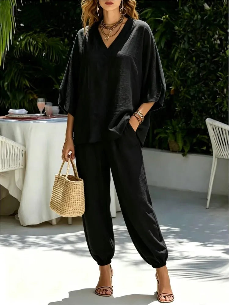 Bianca Loose Batwing Sleeve V Neck Two Piece Sets