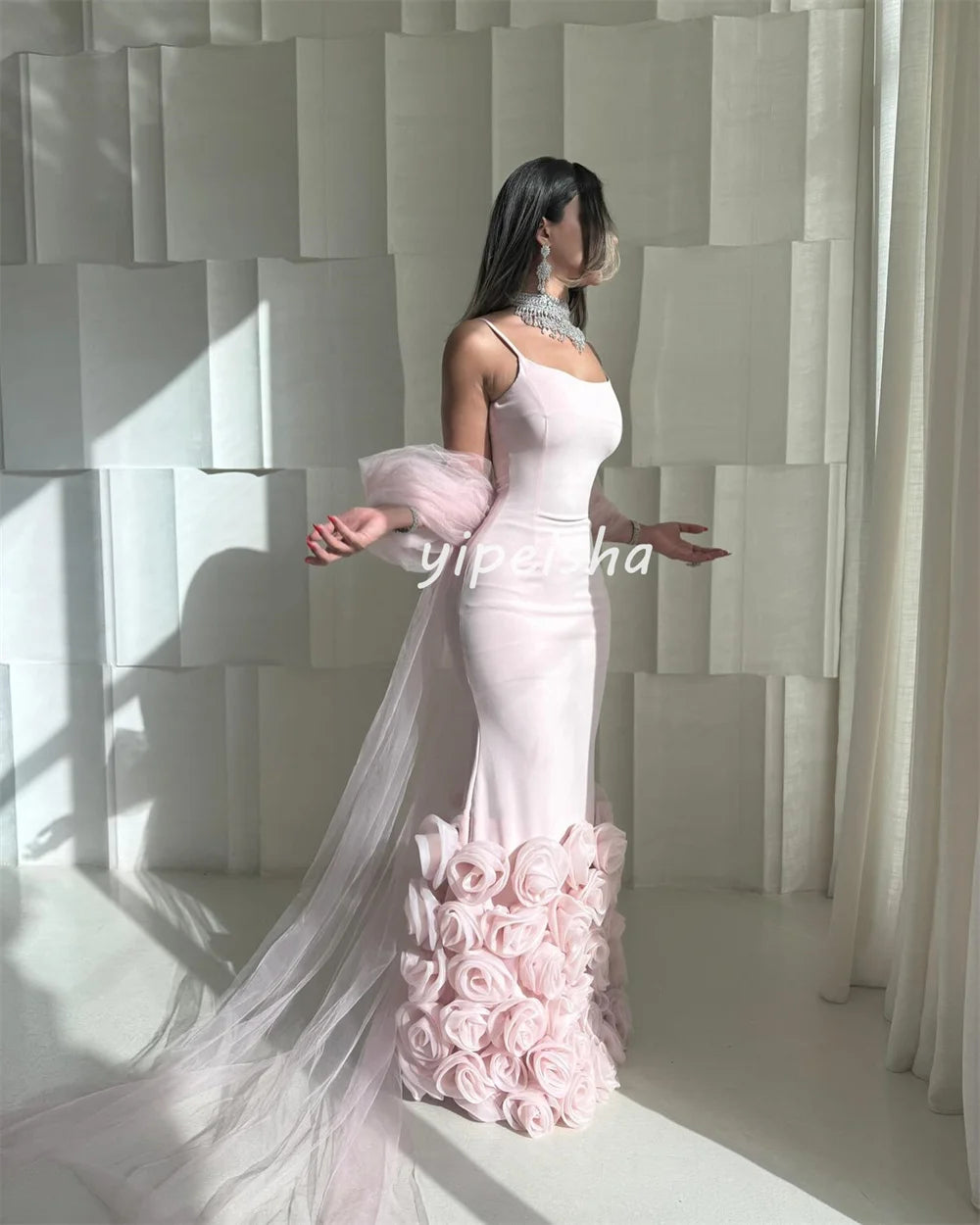 Saddle Brook Intricate Jersey Handmade Flower Pleat Mermaid Spaghetti strap Long Dress