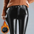 Green Pond PU Leather Leggings Pencil Pants with Thermal Lining Female High-Waisted Stretchy