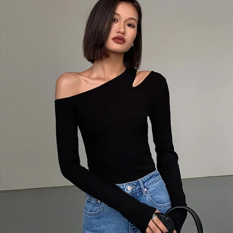 Union City Skew Collar Off Shoulder Long Sleeved T Shirts New Solid Slim Fit Crop Top