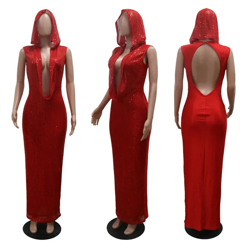 Virginia Deep V-neck Hooded Party Nightclub Prom Mesh Long Maxi Dresses