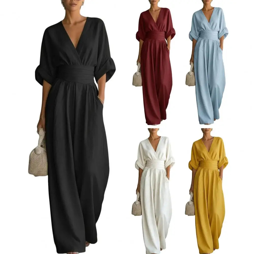 Women's Jumpsuit Fashion High Waist V-neck Casual Jumpsuits Sexy Solid Color Office Wide Leg Trousers Overalls Vacation Outfit