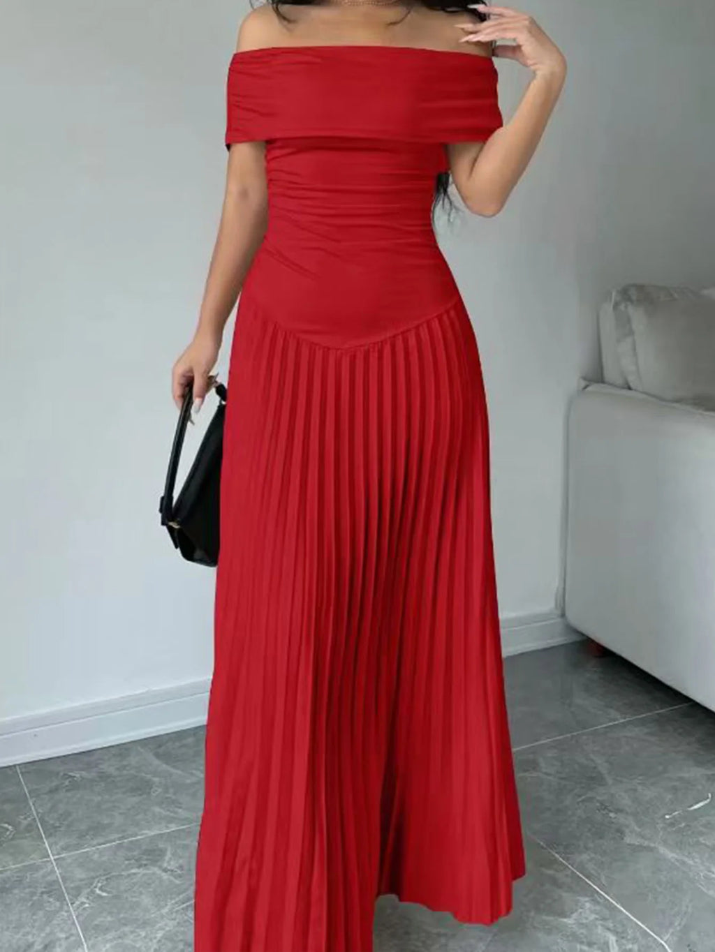 Randolph Solid One Shoulder Ruffle Hem Pleated Long Slim Fit Dress