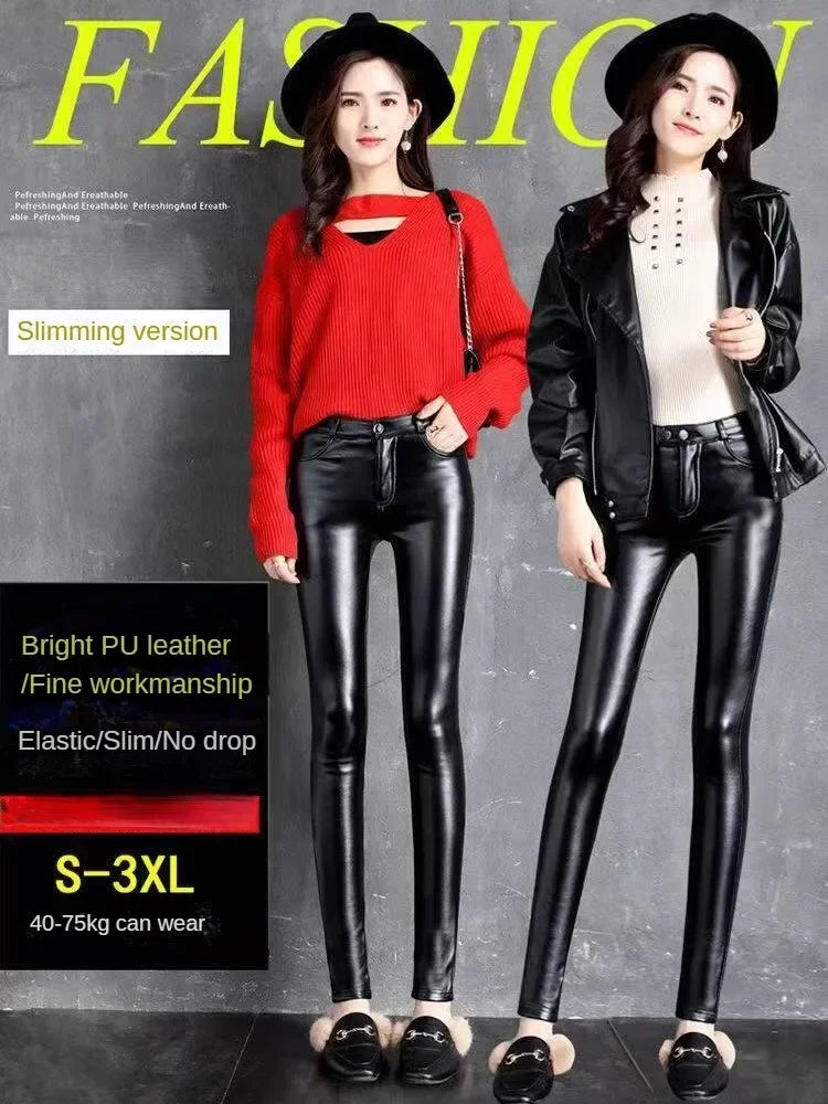 Green Pond PU Leather Leggings Pencil Pants with Thermal Lining Female High-Waisted Stretchy