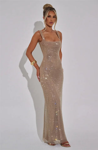 Bellport Sequins Backless Gown Sparkle Square Collar Sleeveless Bodycon Long Dress