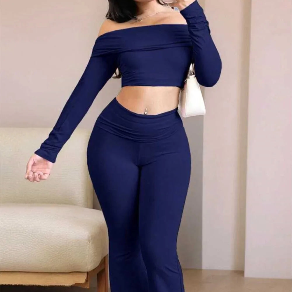 Sandy Long-sleeved One-shoulder Trousers Two-piece Set