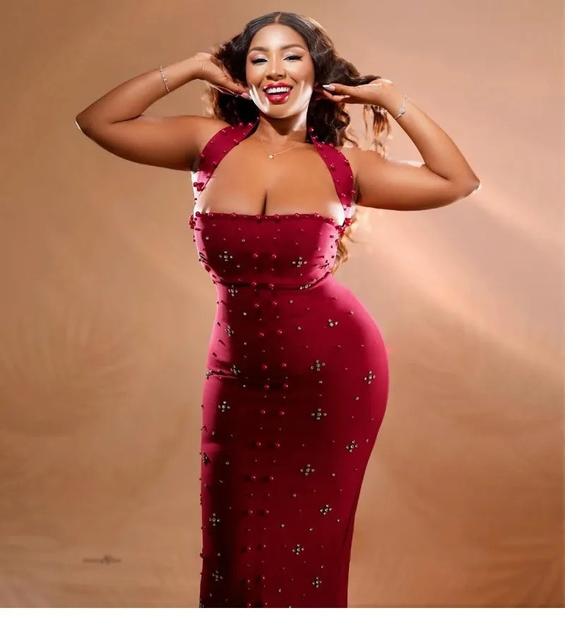 Los Angeles Elegant African Party Evening Sleeveless Polyester Rhinestone Maxi Dress
