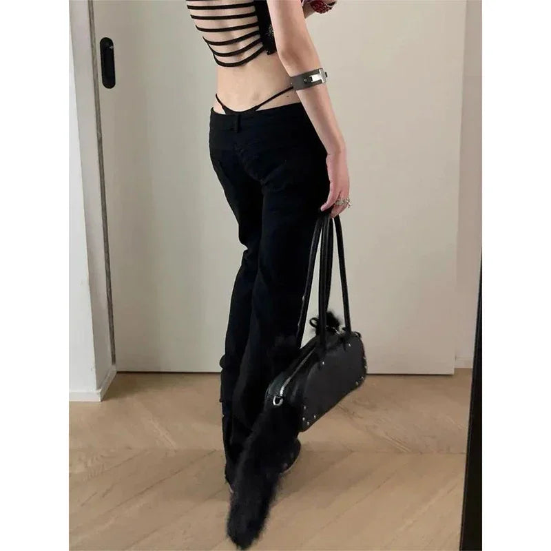 Lakewood Black Low Rise Flared Retro Rivet Slim Kpop Trousers