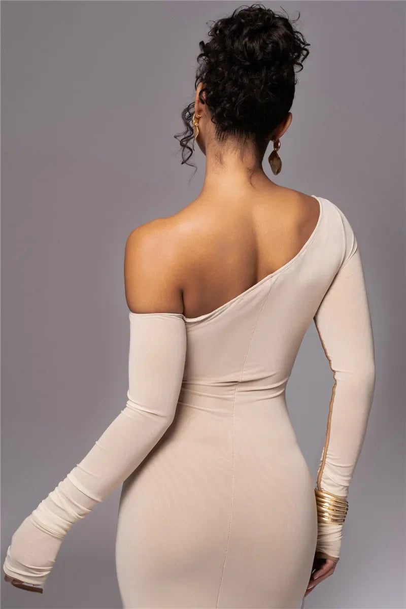 Dyker Heights Diagonal Collar Long Sleeve Mesh Backless Ruched Bodycon Midi Dress
