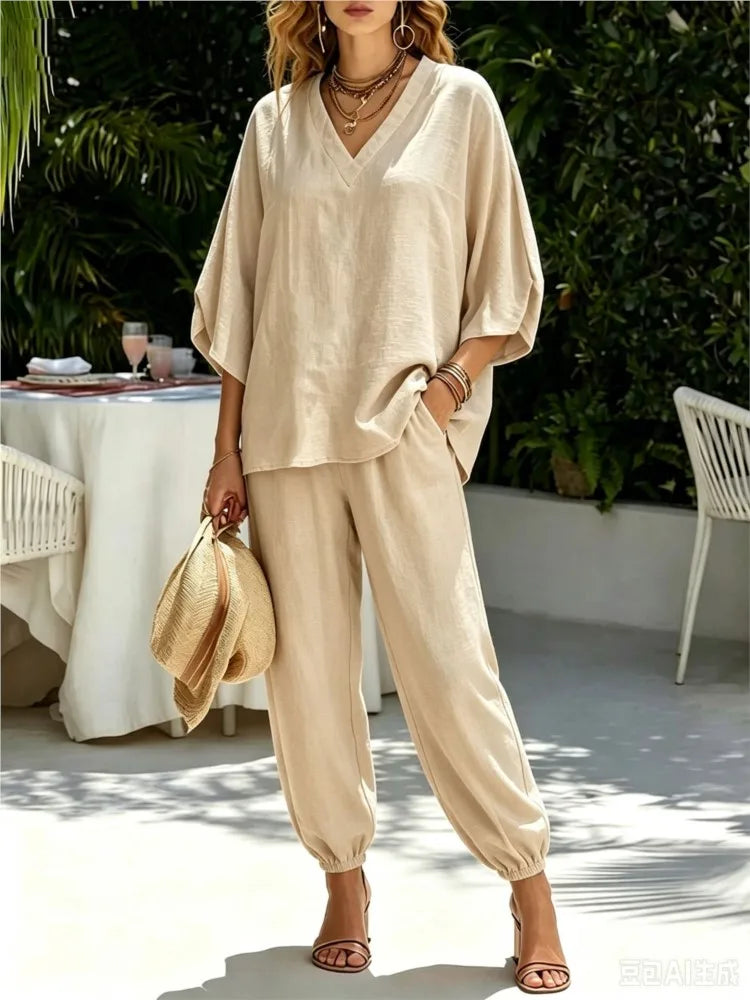 Bianca Loose Batwing Sleeve V Neck Two Piece Sets