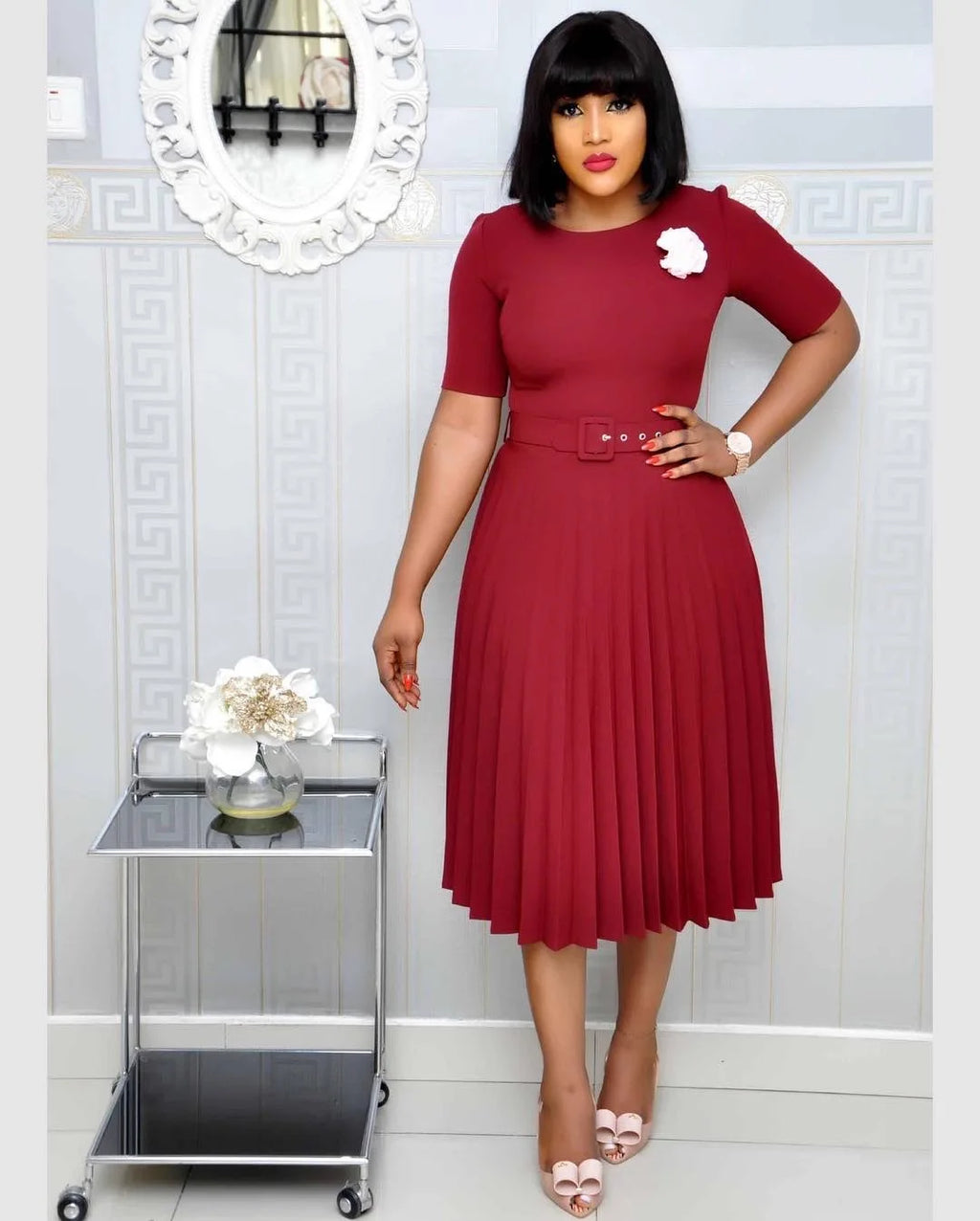 Cincinnati Plus Size Pleated Ladies O Neck Solid With Belt Mid-Calf Office Dress