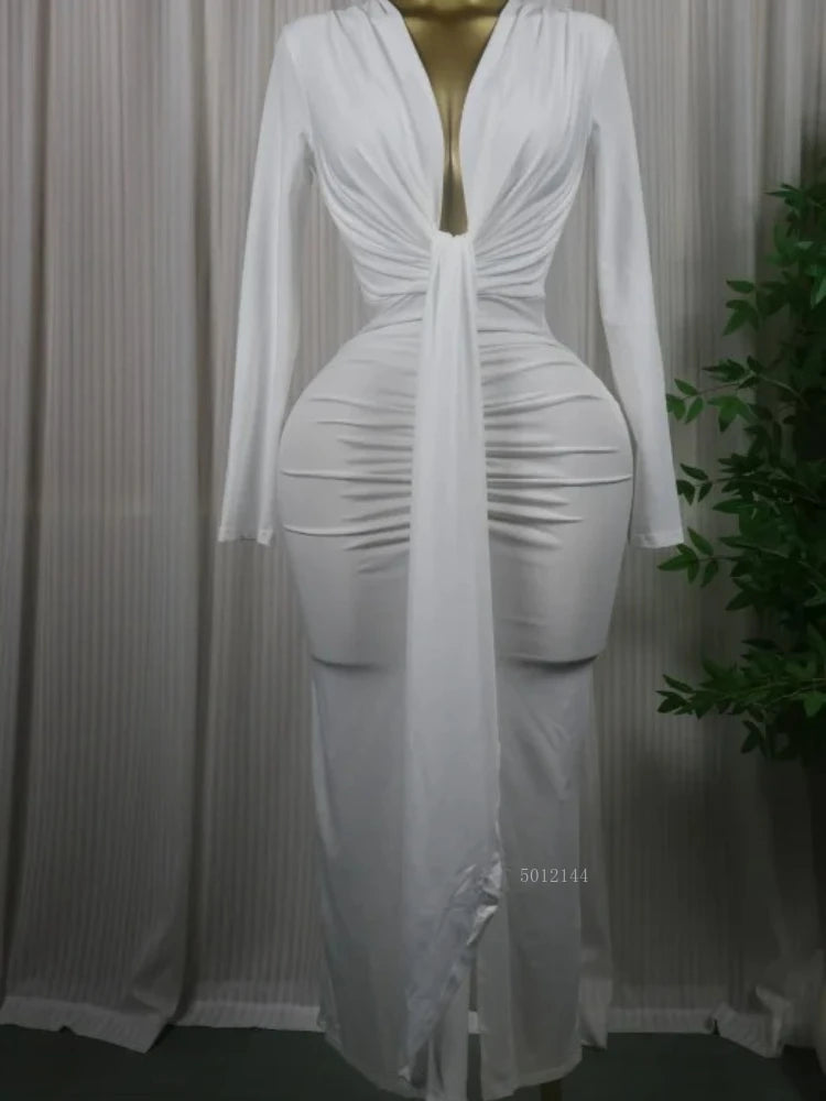 Sleeveless Bowknot Deep V Neck Bodycon Midi Dress